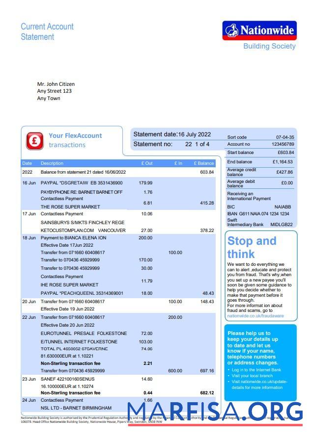 Downloadable United Kingdom Nationwide bank statement word 5 pages, version 2 real example